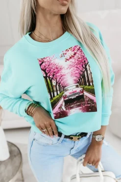 CandyTM BLUZA BAWEŁNIANA AUTKO KWIATY TURKUSOWA