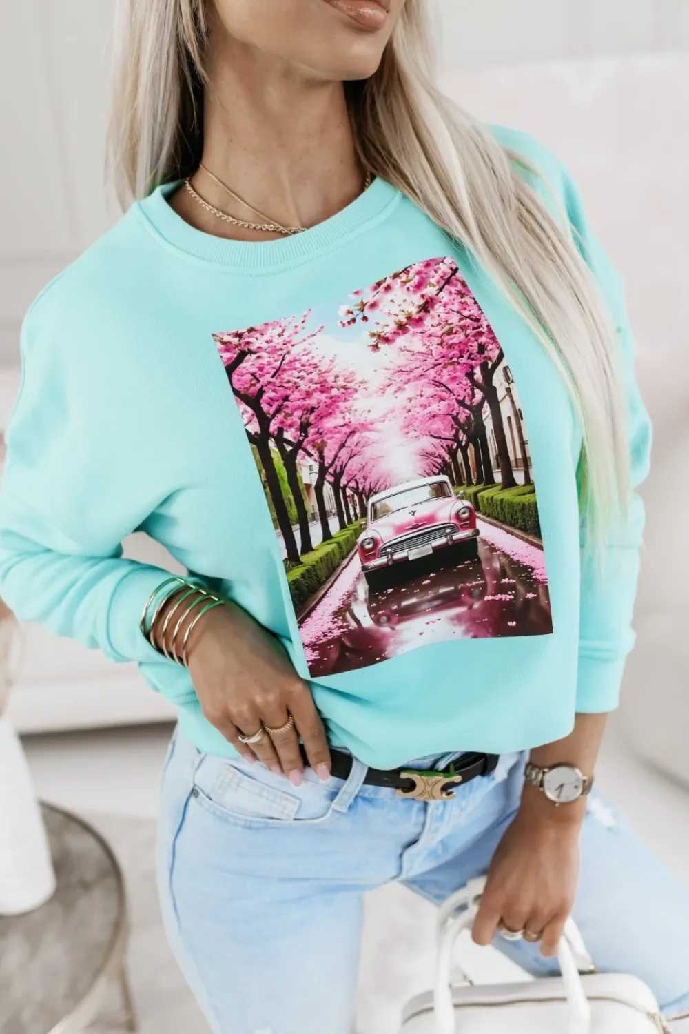 CandyTM BLUZA BAWEŁNIANA AUTKO KWIATY TURKUSOWA