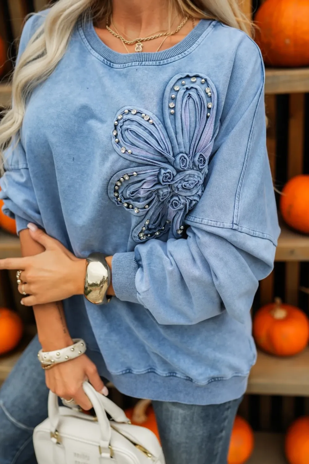 CandyTM BLUZA BAWEŁNIANA DEKATYZOWANA Z OZDOBNYM KWIATEM NIEBIESKA