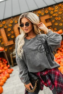 CandyTM BLUZA BAWEŁNIANA DEKATYZOWANA Z OZDOBNYM KWIATEM GRAFITOWA