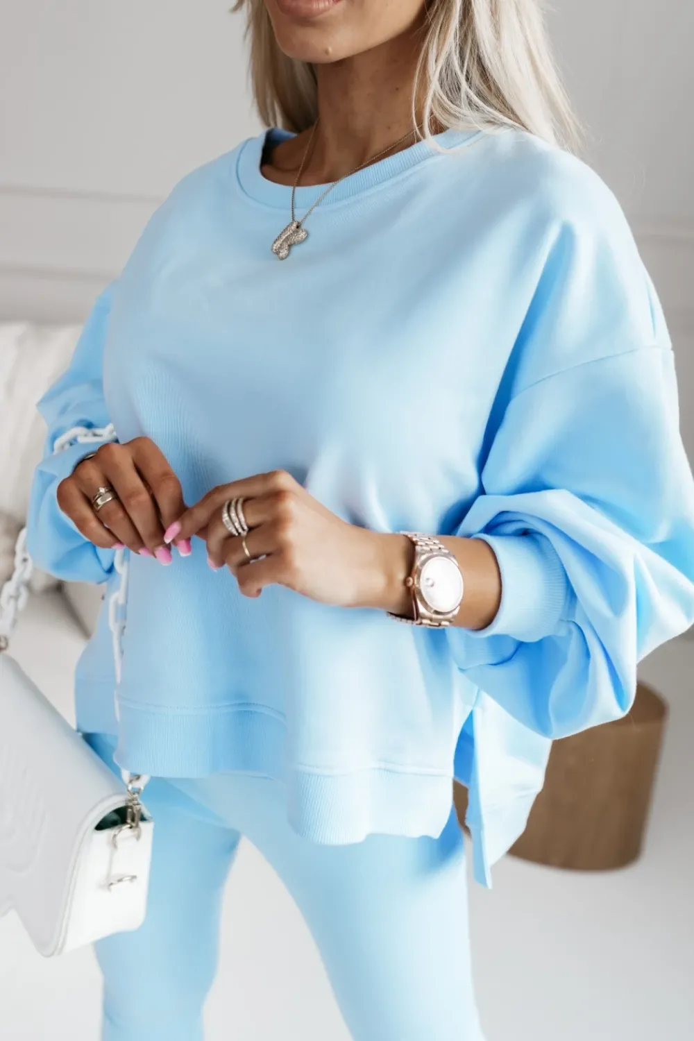 CandyTM BLUZA BAWEŁNIANA MERRY OVERSIZE ASYMETRYCZNA Z ROZCIĘCIAMI PO BOKACH BŁĘKITNA