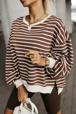CandyTM BLUZA BAWEŁNIANA MERRY OVERSIZE ASYMETRYCZNA Z ROZCIĘCIAMI PO BOKACH W PASKI BRĄZOWO-BEŻOWE