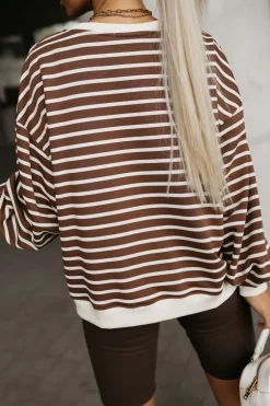 CandyTM BLUZA BAWEŁNIANA MERRY OVERSIZE ASYMETRYCZNA Z ROZCIĘCIAMI PO BOKACH W PASKI BRĄZOWO-BEŻOWE