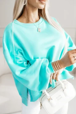 CandyTM BLUZA BAWEŁNIANA MERRY OVERSIZE ASYMETRYCZNA Z ROZCIĘCIAMI PO BOKACH LAZUROWA