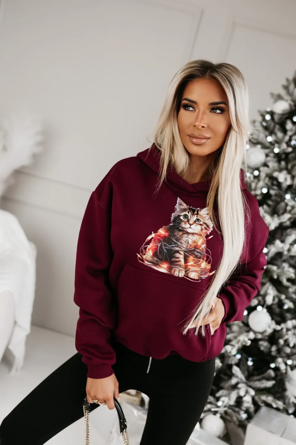 CandyTM BLUZA BAWEŁNIANA OCIEPLANA Z KOTKIEM BURGUNDOWA