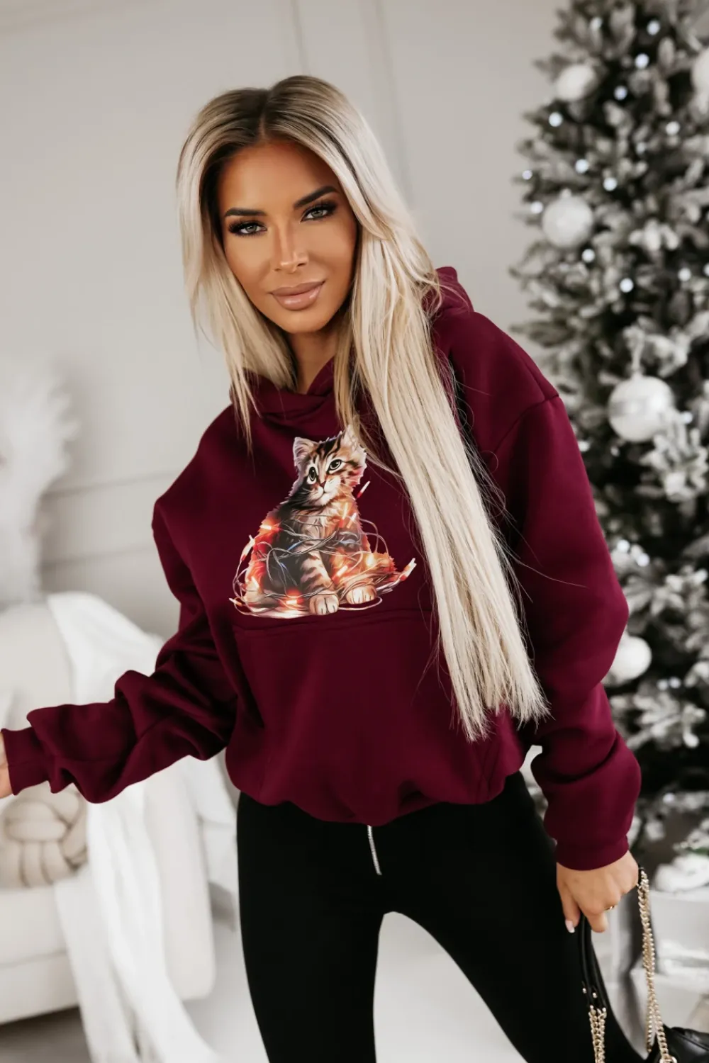 CandyTM BLUZA BAWEŁNIANA OCIEPLANA Z KOTKIEM BURGUNDOWA