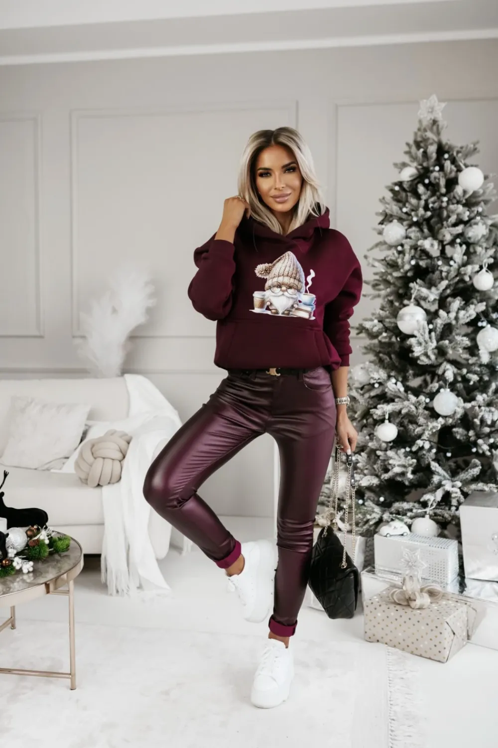 CandyTM BLUZA BAWEŁNIANA OCIEPLANA Z MIKOŁAJEM BURGUNDOWA