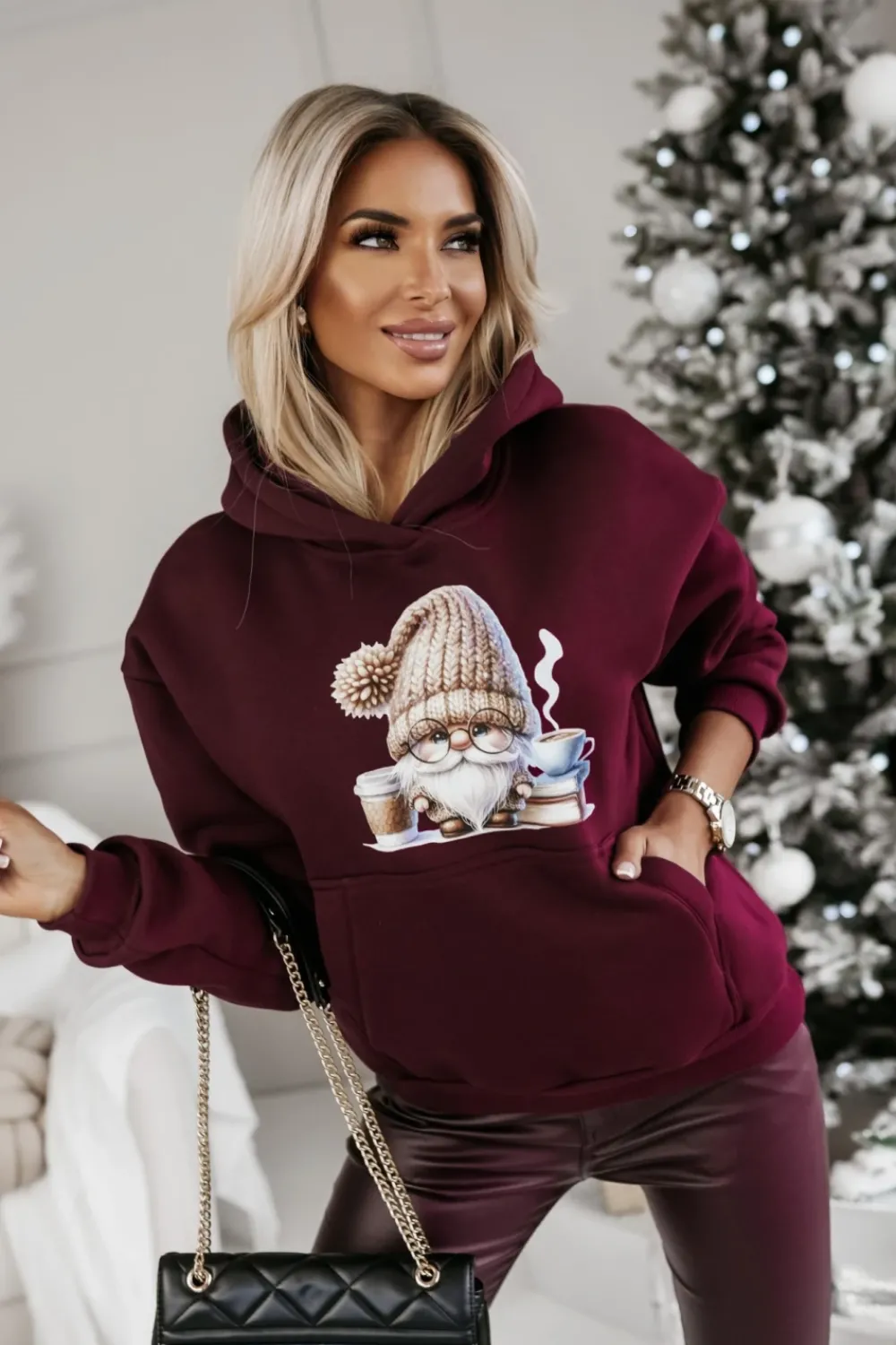 CandyTM BLUZA BAWEŁNIANA OCIEPLANA Z MIKOŁAJEM BURGUNDOWA