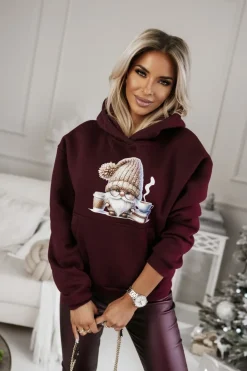CandyTM BLUZA BAWEŁNIANA OCIEPLANA Z MIKOŁAJEM BURGUNDOWA