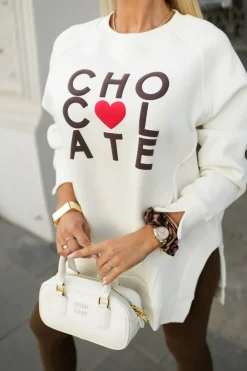 CandyTM BLUZA BAWEŁNIANA OVERISZE OCIEPLANA Z NAPISEM CHOCOLATE ECRU