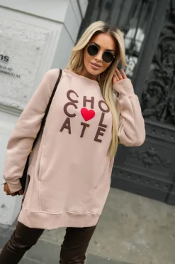 CandyTM BLUZA BAWEŁNIANA OVERISZE OCIEPLANA Z NAPISEM CHOCOLATE BEŻOWA