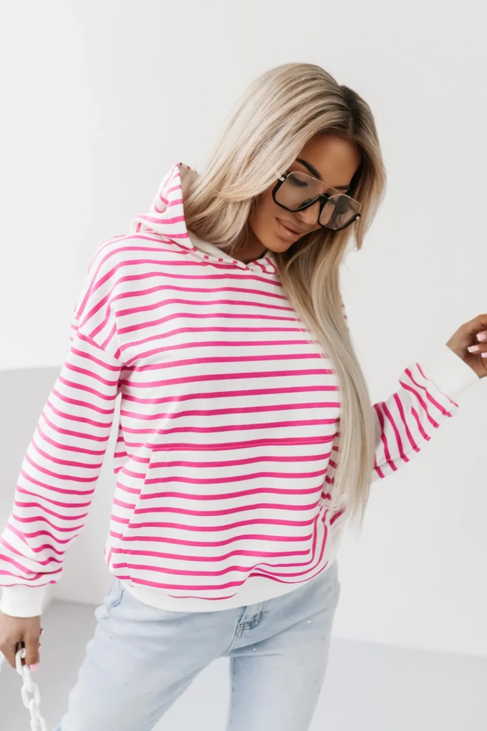 CandyTM BLUZA BAWEŁNIANA RAPLH Z KAPTUREM W PASKI BIAŁO-RÓŻOWE