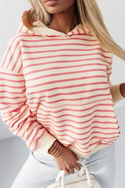 CandyTM BLUZA BAWEŁNIANA RAPLH Z KAPTUREM W PASKI ECRU-MORELOWE