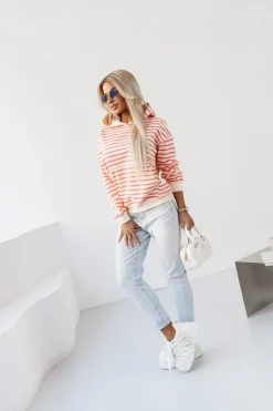 CandyTM BLUZA BAWEŁNIANA RAPLH Z KAPTUREM W PASKI ECRU-MORELOWE