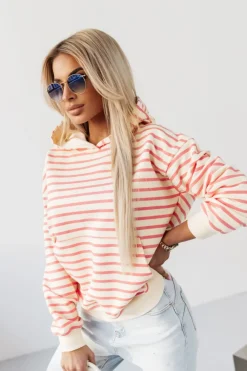 CandyTM BLUZA BAWEŁNIANA RAPLH Z KAPTUREM W PASKI ECRU-MORELOWE