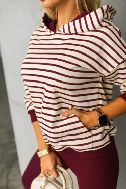 CandyTM BLUZA BAWEŁNIANA RAPLH Z KAPTUREM W PASKI BURGUNDOWO-BEŻOWE