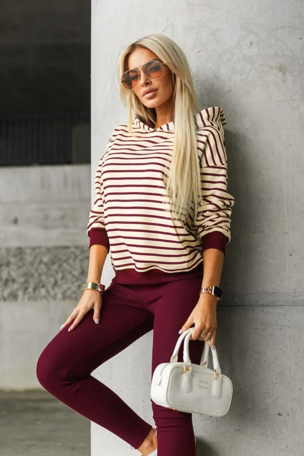 CandyTM BLUZA BAWEŁNIANA RAPLH Z KAPTUREM W PASKI BURGUNDOWO-BEŻOWE