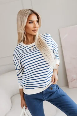 CandyTM BLUZA BAWEŁNIANA TIAMO WYKOŃCZONA ŚCIĄGACZEM W PASKI ECRU-GRANATOWE