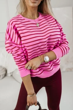 CandyTM BLUZA BAWEŁNIANA TIAMO WYKOŃCZONA ŚCIĄGACZEM W PASKI CZERWONO-RÓŻOWE