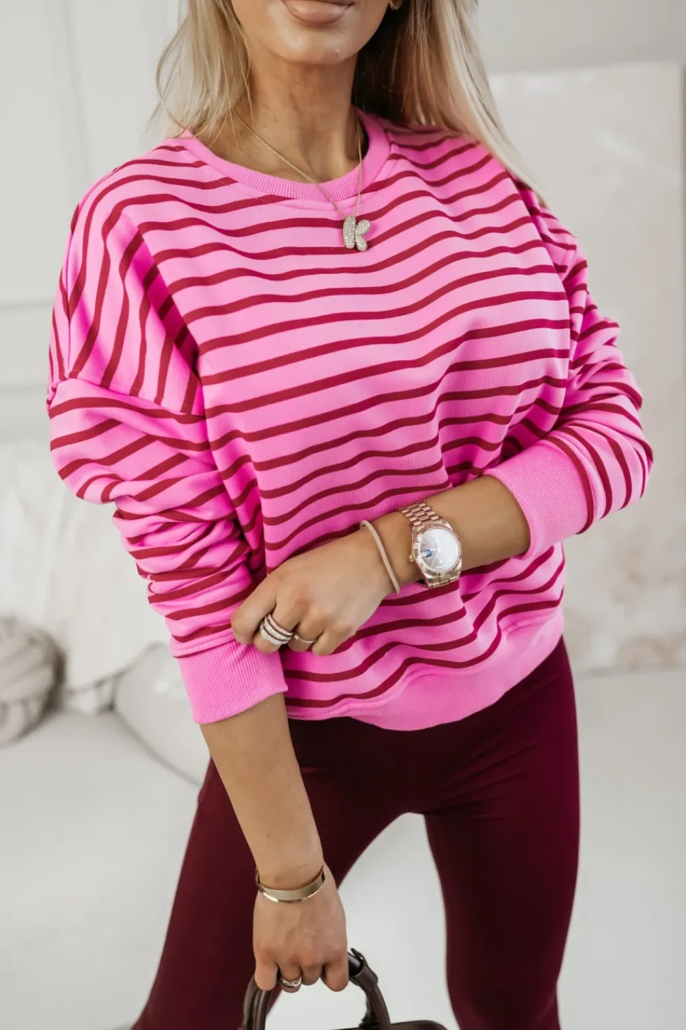 CandyTM BLUZA BAWEŁNIANA TIAMO WYKOŃCZONA ŚCIĄGACZEM W PASKI CZERWONO-RÓŻOWE