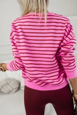 CandyTM BLUZA BAWEŁNIANA TIAMO WYKOŃCZONA ŚCIĄGACZEM W PASKI CZERWONO-RÓŻOWE