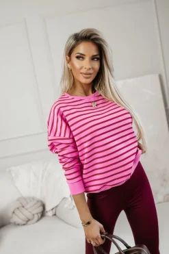 CandyTM BLUZA BAWEŁNIANA TIAMO WYKOŃCZONA ŚCIĄGACZEM W PASKI CZERWONO-RÓŻOWE