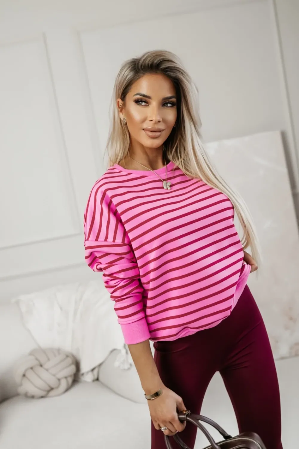 CandyTM BLUZA BAWEŁNIANA TIAMO WYKOŃCZONA ŚCIĄGACZEM W PASKI CZERWONO-RÓŻOWE