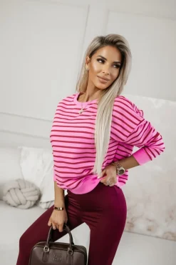 CandyTM BLUZA BAWEŁNIANA TIAMO WYKOŃCZONA ŚCIĄGACZEM W PASKI CZERWONO-RÓŻOWE