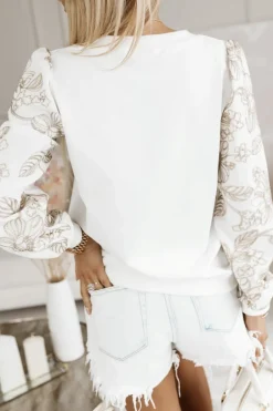 CandyTM BLUZA BAWEŁNIANA VERONICA Z OZDOBNYMI RĘKAWAMI Z BROSZKĄ W KOMPLECIE ECRU