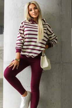 CandyTM BLUZA BAWEŁNIANA Z KAPTUREM W PASY BURGUNDOWO-BEŻOWE