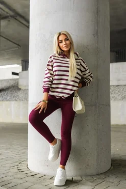 CandyTM BLUZA BAWEŁNIANA Z KAPTUREM W PASY BURGUNDOWO-BEŻOWE