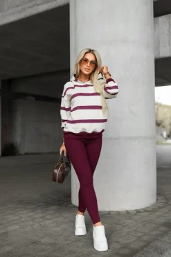 CandyTM BLUZA BAWEŁNIANA Z KAPTUREM W PASY BEŻOWO-BURGUNDOWE