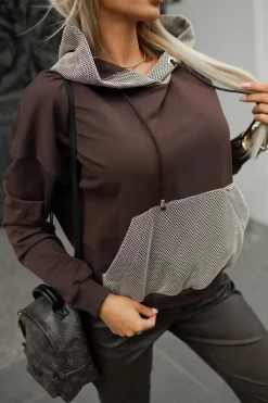 CandyTM BLUZA BAWEŁNIANA Z KAPTUREM ZDOBIONA ZŁOTĄ SIATECZKĄ CZEKOLADOWA