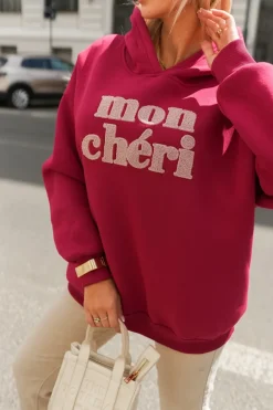 CandyTM BLUZA BAWEŁNIANA Z KAPTUREM OCIEPLANA Z BARANKOWYM NAPISEM MON CHERI WIŚNIOWA