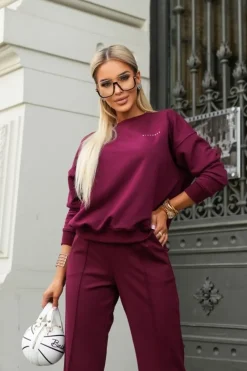 CandyTM BLUZA BAWEŁNIANA Z OKRĄGŁYM DEKOLTEM Z NAPISEM STAYHERE BURGUNDOWA