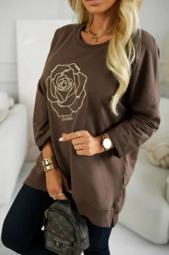 CandyTM BLUZA BAWEŁNIANA Z WYSZYWANĄ RÓŻĄ CZEKOLADOWA