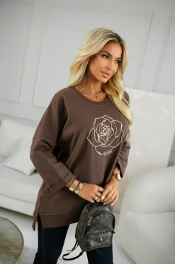 CandyTM BLUZA BAWEŁNIANA Z WYSZYWANĄ RÓŻĄ CZEKOLADOWA