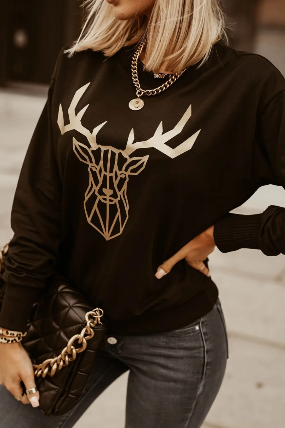 CandyTM BLUZA BAWEŁNIANA ZŁOTY JELEŃ CZARNA