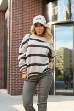 CandyTM BLUZA DRESOWA BAWEŁNIANA OCIEPLANA W PASKI BEŻOWO-CZEKOLADOWE