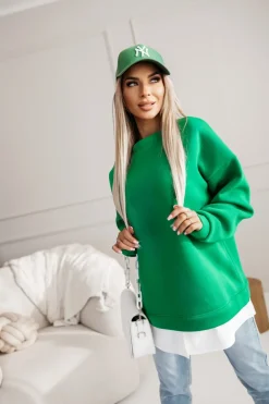 CandyTM BLUZA DRESOWA BAWEŁNIANA OCIEPLANA Z KOSZULOWĄ WSTAWKĄ ZIELONA