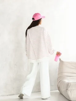 CandyTM BLUZA DRESOWA BAWEŁNIANA Z ROZCIĘCIEM NA PLECACH W PASKI ECRU-RÓŻOWE