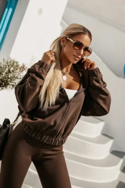 CandyTM BLUZA DRESOWA BAWEŁNIANA Z KAPTUREM Z MINIMALISTYCZNYM NAPISEM BRĄZOWA