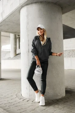 CandyTM BLUZA DRESOWA BAWEŁNIANA Z KAPTUREM Z MINIMALISTYCZNYM NAPISEM GRAFITOWA