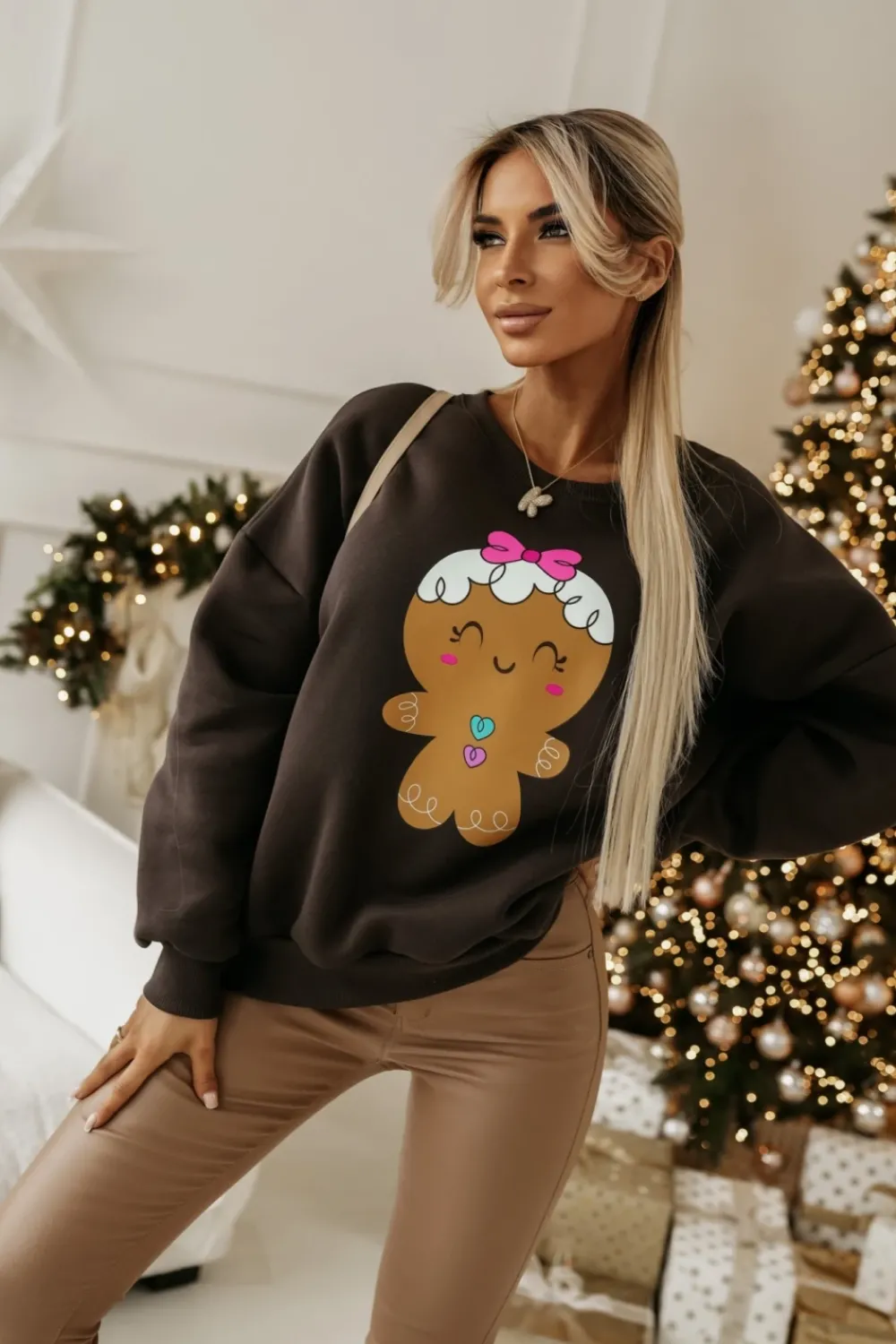 CandyTM BLUZA DRESOWA OCIEPLANA TIGER Z NADRUKIEM PIERNICZEK BRĄZOWA