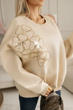 CandyTM BLUZA DRESOWA OCIEPLANA Z HAFTOWANYMI KWIATAMI NA RAMIENIU BEŻOWA