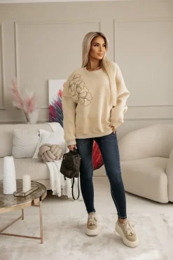 CandyTM BLUZA DRESOWA OCIEPLANA Z HAFTOWANYMI KWIATAMI NA RAMIENIU BEŻOWA