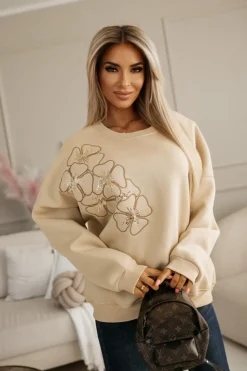 CandyTM BLUZA DRESOWA OCIEPLANA Z HAFTOWANYMI KWIATAMI NA RAMIENIU BEŻOWA