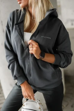 CandyTM BLUZA DRESOWA ROZPINANA Z KAPTUREM Z MINIMALISTYCZNYM NAPISEM GRAFITOWA