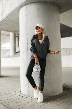 CandyTM BLUZA DRESOWA ROZPINANA Z KAPTUREM Z MINIMALISTYCZNYM NAPISEM GRAFITOWA