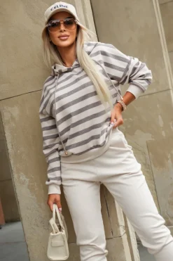 CandyTM BLUZA DZIANINOWA CHICAGO Z KAPTUREM W PASKI BEŻOWO-BRĄZOWE